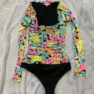 AFRM Los Angeles XS‎ Long Sleeve Floral Bodysuit Multicolor Rouched